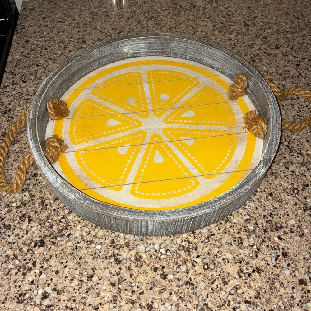 Round Lemon Slice Serving Tray with Rope Handles Adams & Co.